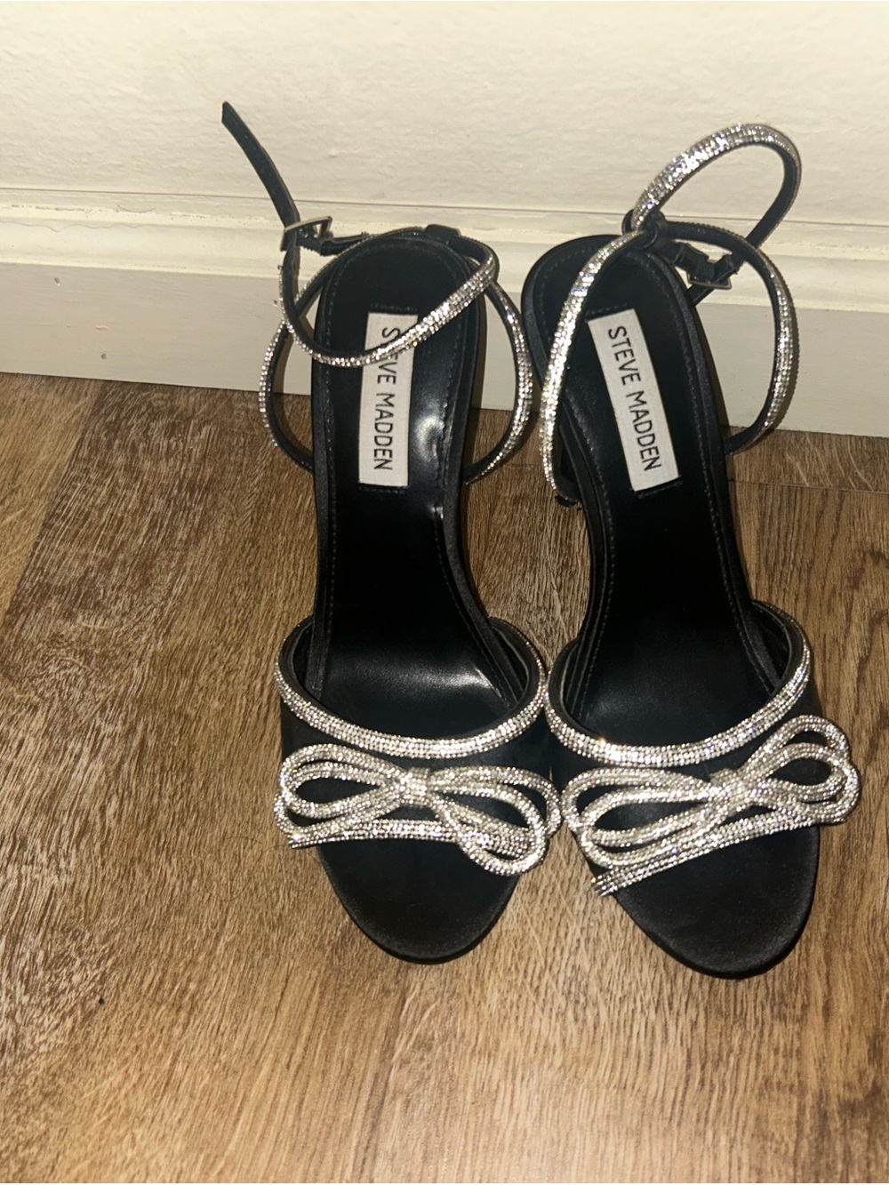 Steve Madden Black Satin Heels with Crystal Bow Straps